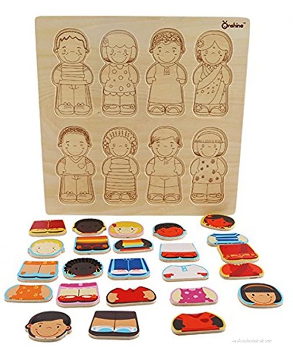 Wooden Puzzle for Toddlers 1-3 Children of The World Racial Cognition Dress-up Peg Puzzle Educational Toys 24 Pieces Mix and Match Boys and Girls Multicultural Diversity Toys for Kids