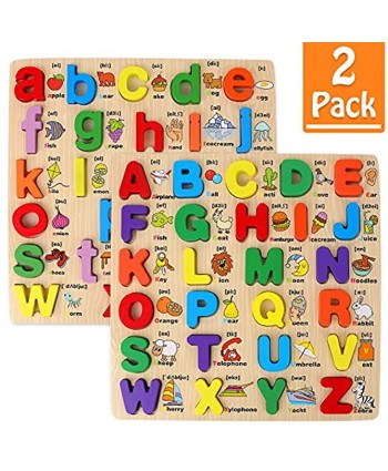 Wooden Puzzles for Toddlers 2 Pack Chunky Wooden Peg Board Alphabet Puzzles with Colorful Fruit Animal Pattern Educational Learning Toy for Kids Age 3 Years and Up