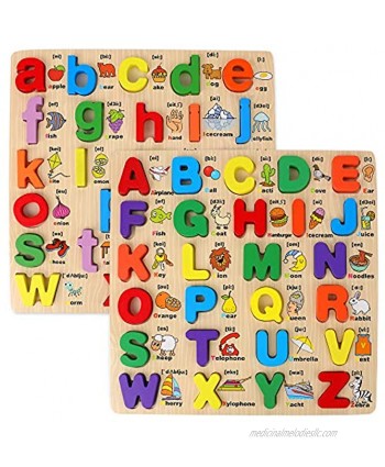 Wooden Puzzles for Toddlers 2 Pack Chunky Wooden Peg Board Alphabet Puzzles with Colorful Fruit Animal Pattern Educational Learning Toy for Kids Age 3 Years and Up
