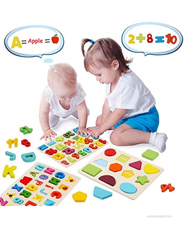 Wooden Puzzles for Toddlers Wood Alphabet Number Shape Learning Puzzle for Kids Ages 2 3 4 5 Boys Girls Preschool Educational Toys Gift
