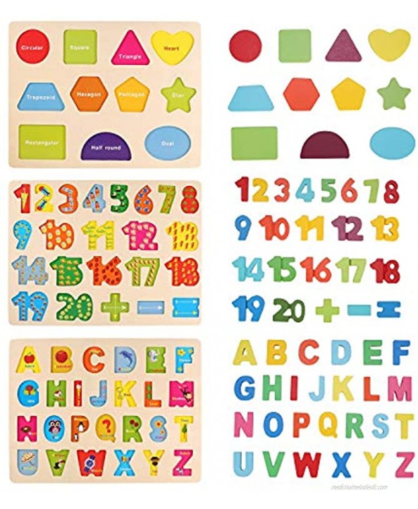 Wooden Puzzles for Toddlers Wood Alphabet Number Shape Learning Puzzle for Kids Ages 2 3 4 5 Boys Girls Preschool Educational Toys Gift