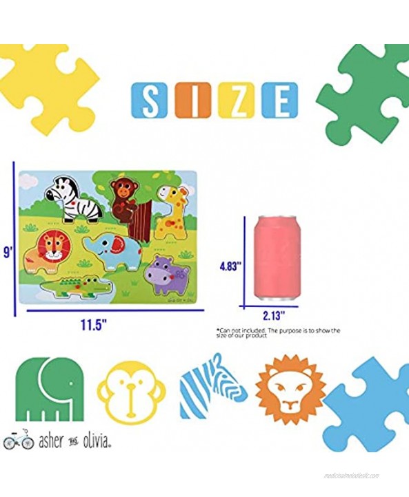 Wooden Toddler Puzzles and Rack Set 3 Pack Bundle with Storage Holder Rack and Learning Clock Kids Educational Preschool Peg Puzzles for Children Boys Girls – Safari Dinosaur and Farm Animals