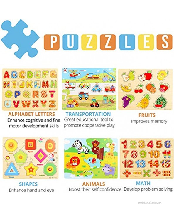 Wooden Toddler Puzzles and Rack Set 6 Pack Bundle with Storage Holder Rack and Learning Clock Kids Educational Preschool Peg Puzzles for Children Babies Boys Girls Alphabet Numbers Zoo Cars