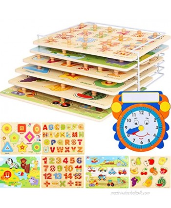Wooden Toddler Puzzles and Rack Set 6 Pack Bundle with Storage Holder Rack and Learning Clock Kids Educational Preschool Peg Puzzles for Children Babies Boys Girls Alphabet Numbers Zoo Cars