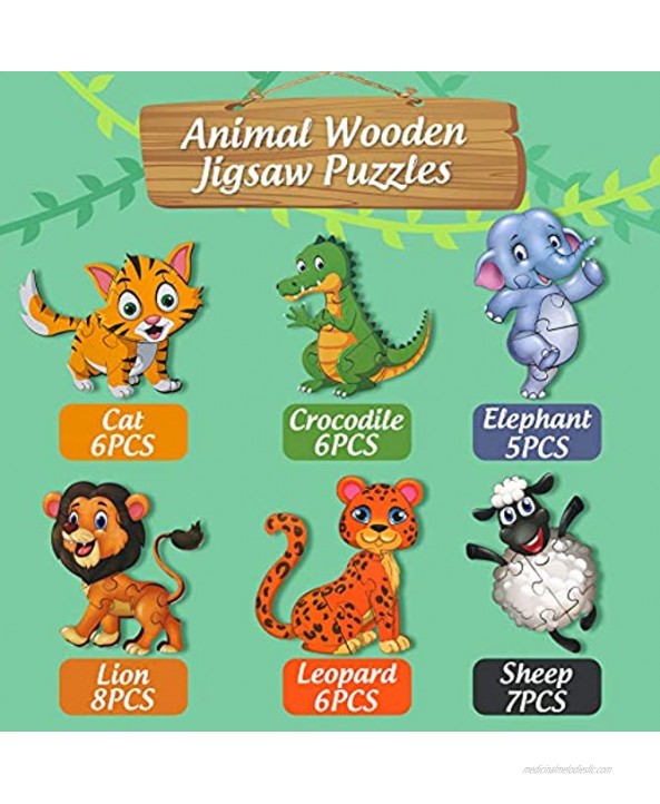 Wooden Toddler Puzzles Gifts Toys 6PCS Toddler Puzzles Wooden Puzzles Pegged Puzzles for Boys Girls Learning Animals Educational Games