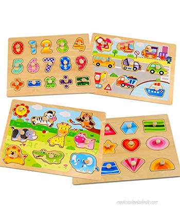 Wooden Toddler Puzzles Peg Puzzles for Kids 3 4 Years Old Animal Vehicle Number Shape Puzzles with Knob Preschool Learning Puzzles Toys for Baby Infants Boys and Girls 4 Pack