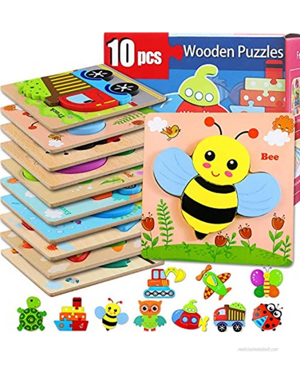 XPCARE 10 Pack Wooden Puzzles for Toddlers Early Educational Puzzles Toys Gift for Boy and Girls Animals and Transportation