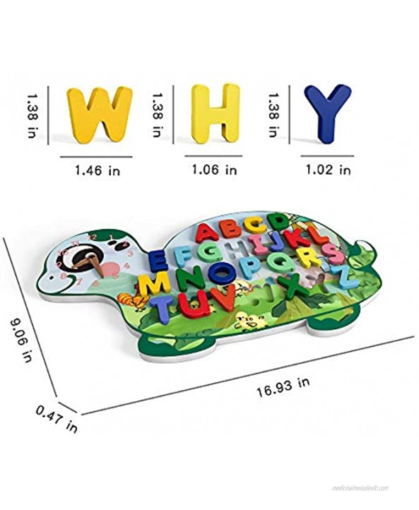 Youwo Alphabet Puzzle for Toddlers 2 In 1 Tortoise Montessori ABC Learning Toy with Clock to Learn Letters and Time Preschool Matching Game for 3 Year Olds