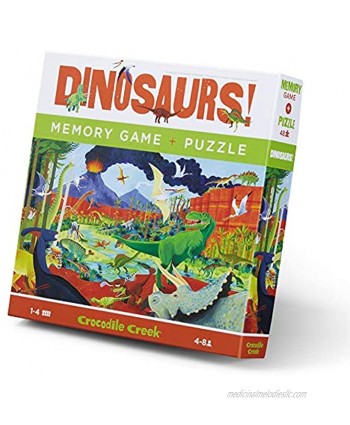 Crocodile Creek Dinosaurs 2-in-1 Puzzle + Game Set 48-Piece Puzzle + 24-Piece Memory Matching Game for Ages 4+ Heavy-Duty Box for Storage Finished Puzzle is 19” x 13”