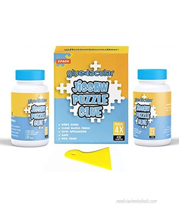 Gluetacular Jigsaw Puzzle Glue with Applicator Spreader 2 Pack 4.2 oz Each Bottle Total 8.4 oz Covers 1000-3000 Pieces Paper Wood Puzzle