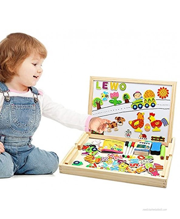 Lewo Wooden Large Educational Toys Magnetic Letters Numbers Animals Learning Puzzle Games Drawing Board with Writing Drawing Doodle Side Dry Erase Board for Kids Puzzle Game