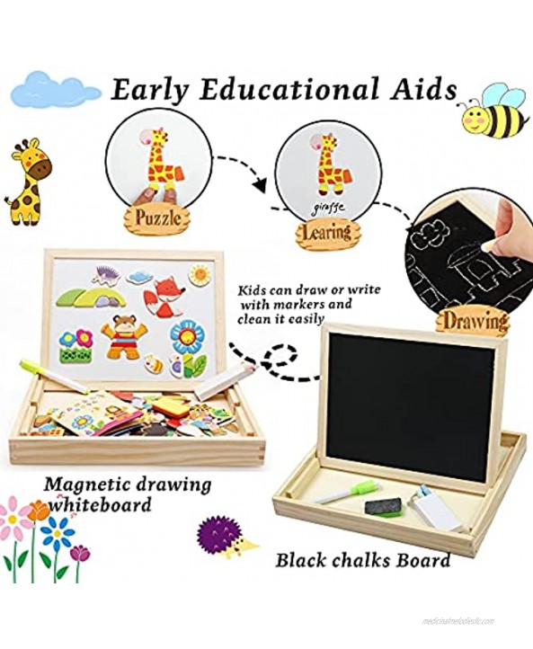 Wooden Magnetic Double-Sided Art Easel Black Board Puzzle with Storage Box for Kids 3 Years and Up Forest