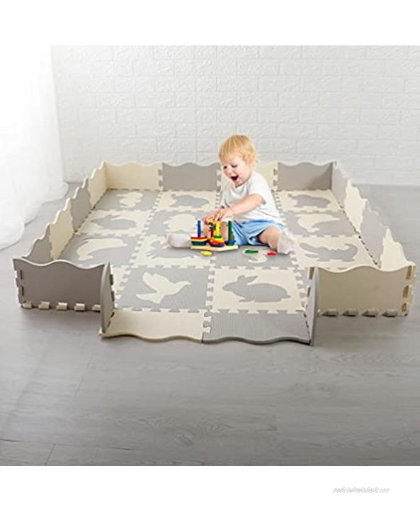 36 PCS Baby Play Mat with Fence Including Different Animals and Shapes Styles 0.4Inch Thick Large Interlocking Foam Floor Tiles Kids Room Decor
