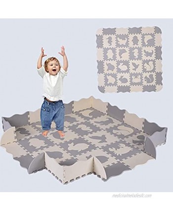 36 PCS Baby Play Mat with Fence Including Different Animals and Shapes Styles 0.4Inch Thick Large Interlocking Foam Floor Tiles Kids Room Decor