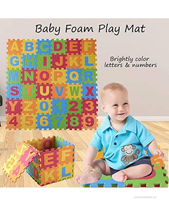 DIMPLE Kids Foam Play Mat 36-Piece Set 6.25 x 6.25 Inches Interlocking Alphabet and Numbers Floor Puzzle Colorful EVA Tiles Girls Boys Soft Reusable Easy to Clean