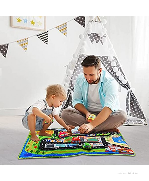 Dr.Rapeti Soft Car Toy Set with Play Mat 10 Cars 47x30 Inches Play Mat City Map Washable Non-Slip Non-Toxic for Babies Infants Toddlers Kids