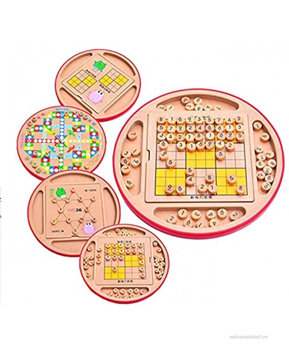 Deogol Children's Sudoku Chess Mountain Wooden Five in One 28 28.5 4.5cm 100 Pieces Set of Table Puzzle Games Children's Toys Fun Gifts