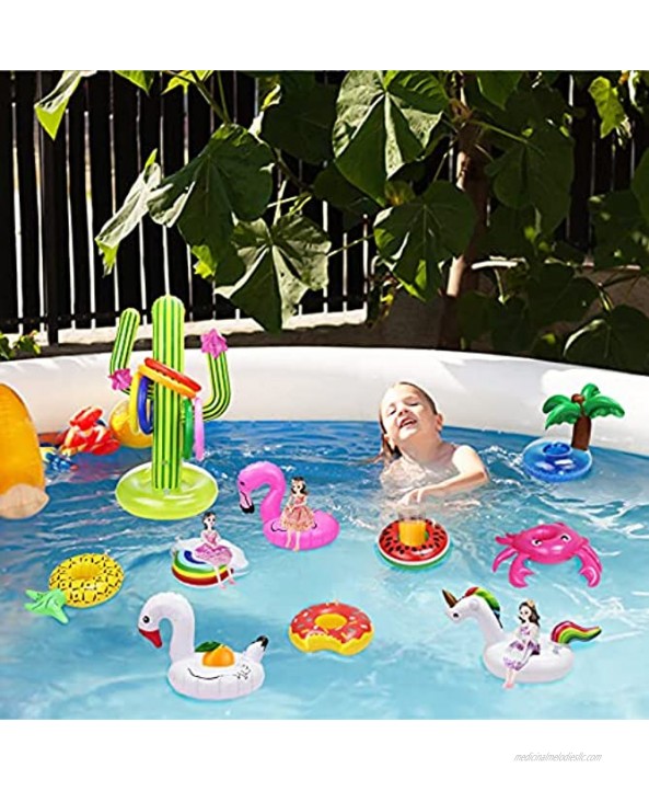 Halovin 12 Pack Inflatable Drink Holders + Inflatable Cactus Drink Holder Float Water Fun Toys + 6 Inflatable Ring Toss Game Drink Floats Inflatable Cup Coasters for Kids Toys and Pool Party Game