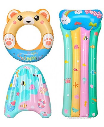 balnore Pool Floats 3 PCS Pool Toys for Kids Inflatable Bear Swimming RingTube Rainbow Float Board and Triangle Float with Handle Swimming Beginner Beach Pool Party Supplies