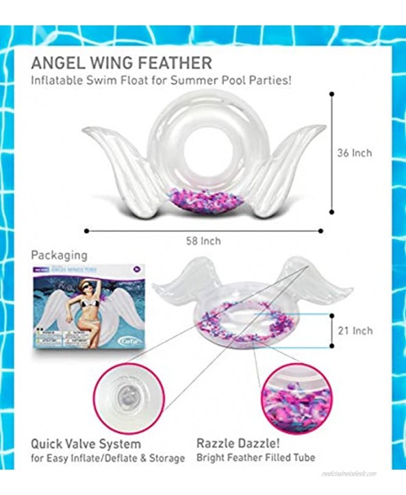 CoTa Global Angel Wings Inflatable Swim Float Ring Confetti Transparent Lounge for Summer Pool Party Beach Lake Premium UV Resistant Vinyl Water Tube Toy Women Adults Kids Transparent Feather