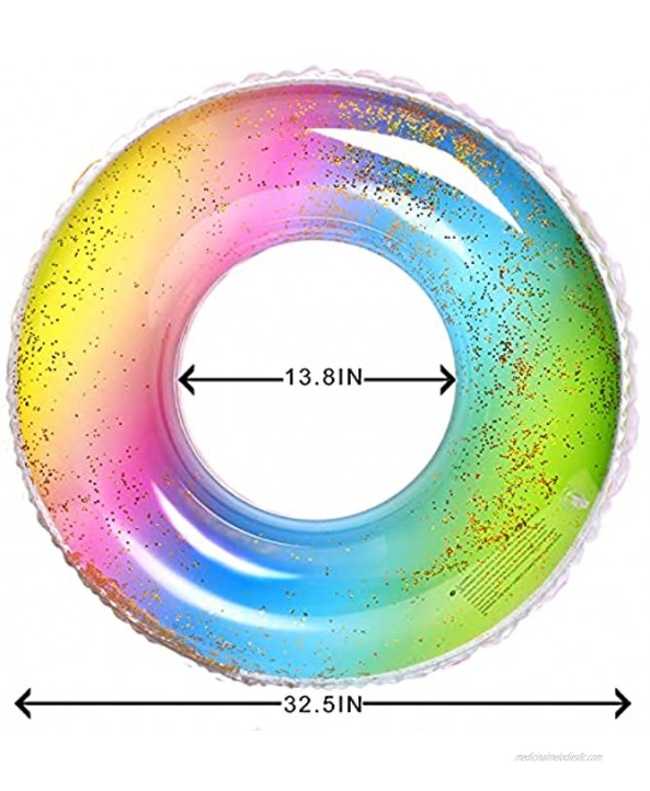 Danvren Glitter Pool Floats Tube 32.5 Inches Premium Swim Pool Rings River Tubes Heavy Duty Vinyl Flotation Toy for The Beach Party Vacation UV Resistant Inflatables for Adults Rainbow