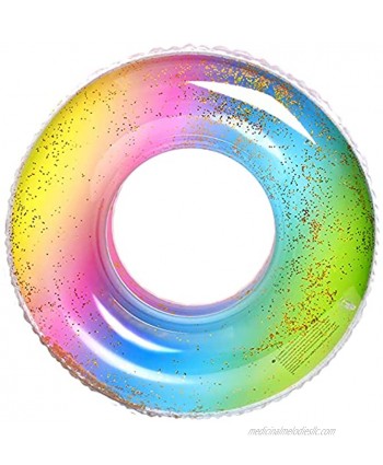 Danvren Glitter Pool Floats Tube 32.5 Inches Premium Swim Pool Rings River Tubes Heavy Duty Vinyl Flotation Toy for The Beach Party Vacation UV Resistant Inflatables for Adults Rainbow