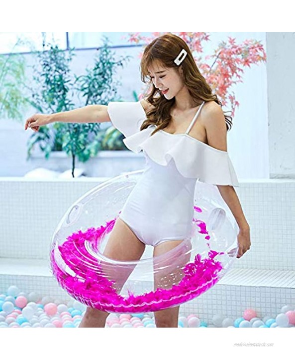 Develoo Feather Swim Ring Inflatable Transparent Swimming Ring Thicken PVC Sequins Feather Inflatable Pool Floating Ring Transparency Swim Circle Beach Supplies for Adults Kids Girls