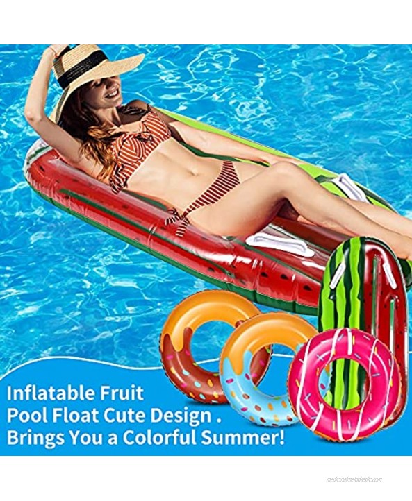 FiGoal Watermelon Inflatable Boogie Board with 3 PCS Donut Summer Ring Swimming Pool Ring Funny Pool Tube Toys for Summer Water Parties Outdoor Water Activities