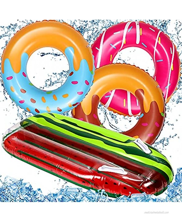 FiGoal Watermelon Inflatable Boogie Board with 3 PCS Donut Summer Ring Swimming Pool Ring Funny Pool Tube Toys for Summer Water Parties Outdoor Water Activities