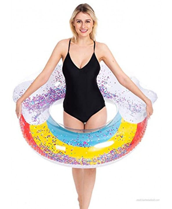 JOYIN Giant Inflatable Rainbow Pool Float with Glitter Inside Fun Beach Floaties Swim Party Toys Summer Pool Raft Lounger for Adults & Kids 46” x 44” x 13.75”