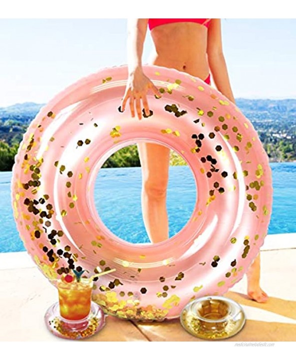 Mozlly Bundle of Gold & Rose Gold Inflatable Pool Float Tubes & Drink Holders Set of 4 Premium Confetti 36 Swim Rings & 7 Holders Fun Pool Toys for Beach Lake Party Vacation Decor 4 Pack