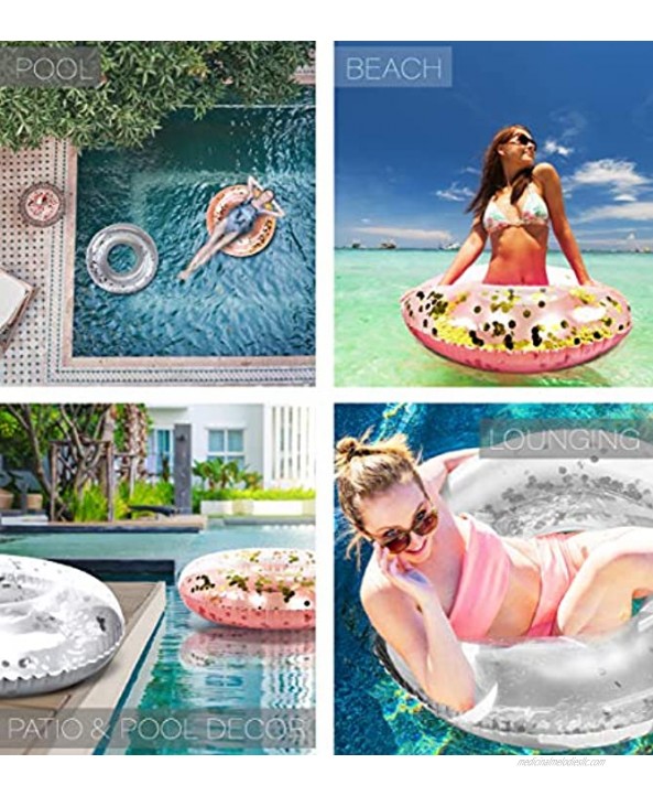 Mozlly Bundle of Silver & Rose Gold Inflatable Pool Float Tubes Set of 2 Premium Confetti Swim Rings Floaters 36 Vinyl Water Tube Fun Pool Toys for Beach Lake Party Vacation Decor 2 Pack