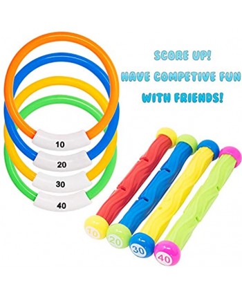 36 PCs Diving Pool Toys Deluxe Set w  4 Diving Sticks; 4 Diving Rings; 4 Toypedo Bandits; 12 Pirate Coins & Treasures; 4 Stringy Octopus; 4 Fish Toys; 4 Toy Balls for Kids Swimming Training Game