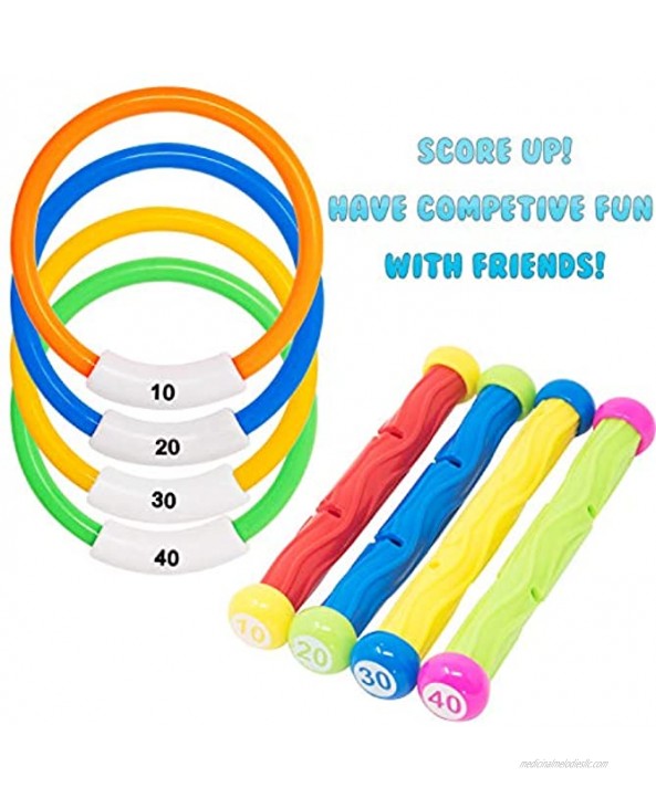36 PCs Diving Pool Toys Deluxe Set w 4 Diving Sticks; 4 Diving Rings; 4 Toypedo Bandits; 12 Pirate Coins & Treasures; 4 Stringy Octopus; 4 Fish Toys; 4 Toy Balls for Kids Swimming Training Game