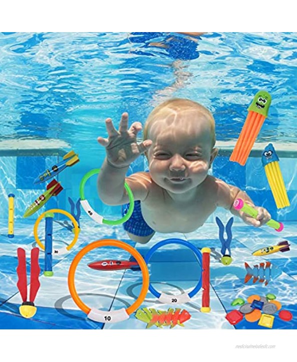 36 PCs Diving Pool Toys Deluxe Set w 4 Diving Sticks; 4 Diving Rings; 4 Toypedo Bandits; 12 Pirate Coins & Treasures; 4 Stringy Octopus; 4 Fish Toys; 4 Toy Balls for Kids Swimming Training Game