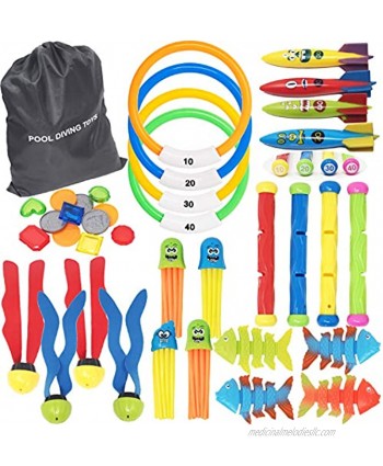 36 PCs Diving Pool Toys Deluxe Set w  4 Diving Sticks; 4 Diving Rings; 4 Toypedo Bandits; 12 Pirate Coins & Treasures; 4 Stringy Octopus; 4 Fish Toys; 4 Toy Balls for Kids Swimming Training Game