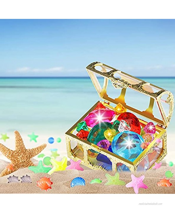 40 Pieces Diving Diamonds Set Diving Gems Pool Toys Colorful Summer Swimming Pool Diamonds Acrylic Gemstones Boy Girl Toys with 2 Pieces Treasure Pirate Boxes Gold Sliver Chests Underwater Party Toy