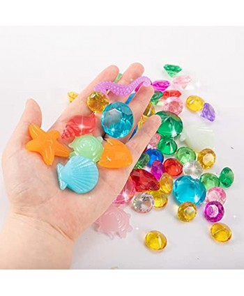 60pcs Diving Gem Pool Toy with Large Treasure Pirate Box- Colorful Sinking Assorted Marine Life Diamond Set Underwater Swimming Dive Throw Toy for Summer Kid Pool Playing Treasures GiftRandom Color