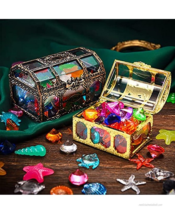 Dive Gem Pool Toys Treasure Chest 130 Pieces Colorful Diamond Set and 2 Treasure Box Gem Pirate Diving Toys Set Underwater Swimming Toy for Summer Swimming Party Favor Supplies