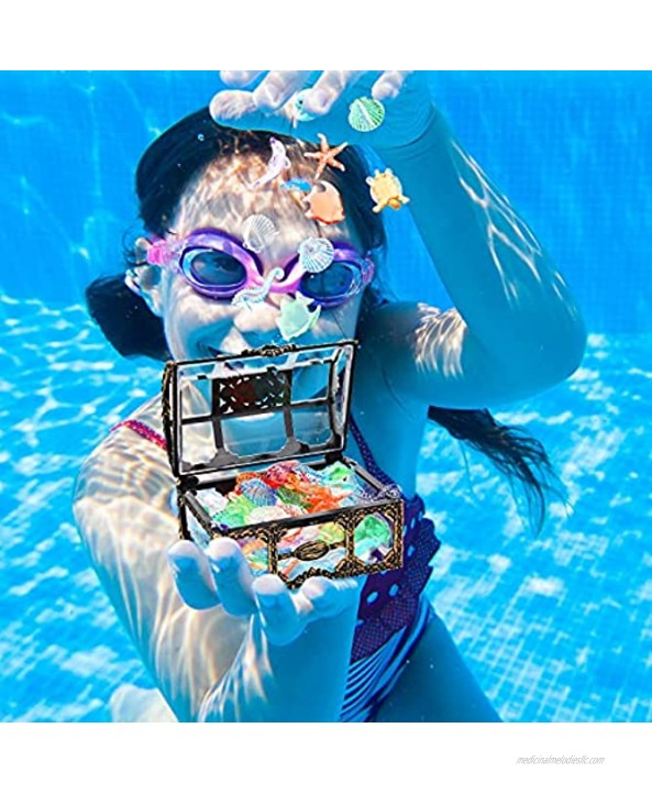 Dive Gem Pool Toys Treasure Chest 130 Pieces Colorful Diamond Set and 2 Treasure Box Gem Pirate Diving Toys Set Underwater Swimming Toy for Summer Swimming Party Favor Supplies