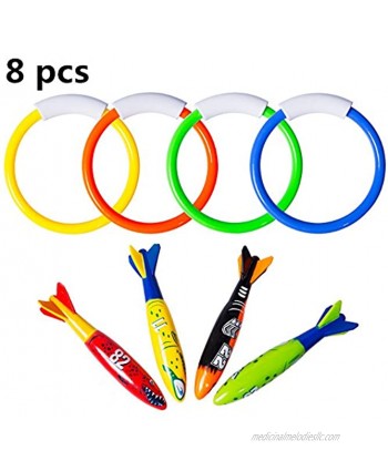 FULLSEXY 8 Pcs Underwater Swimming Pool Diving Rings Diving Throw Torpedo Bandits Toys for Kids Gift Set Training Dive Toys for Learning to Swim