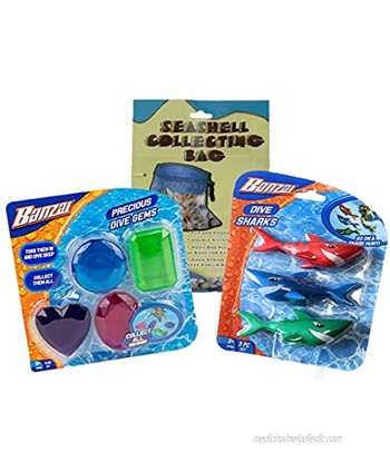 Gigi Jen's Gifts Banzai Dive Sharks and Banzai Precious Dive Gems Bundle Set of Swimming Pool Toys with Mesh Carry Bag