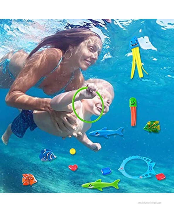 HonShoop 36pcs Diving Pool Toys for Kids Underwater Swim Toys Set with Dip Net and Storage Net Bag Dive Rings Pirate Treasure and Coins Collection for Toddler Boys Girls Swimming Pool Game