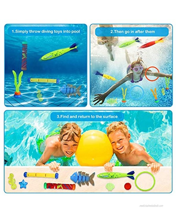Jesdoo 33 PCS Diving Pool Toys,Jumbo Set with Storage Bag,Fun Swimming Pool Training Toy 4 Rings,2 Diving Sticks,2 Diving Soft Stick,2 Fish Bone,4 Toypedo Bandits,3 Seaweed,16 Pirate Treasures