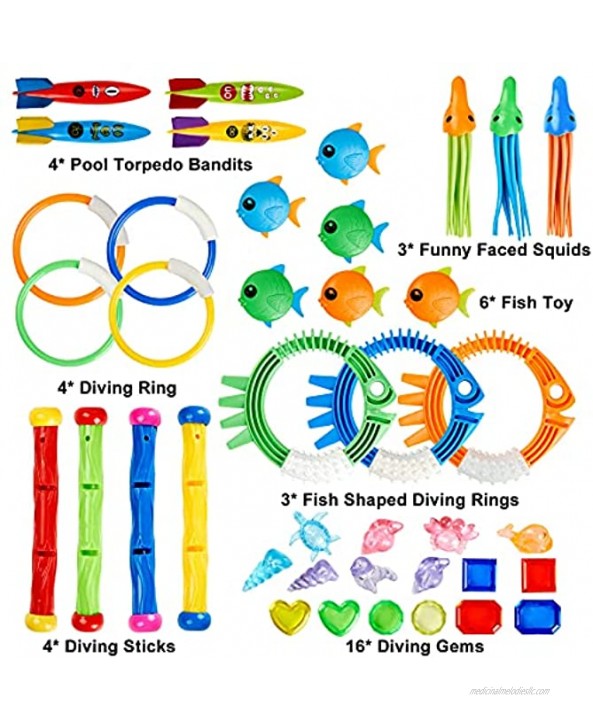 liberry Kids Pool Toy 41PCS Swimming Pool Toys for Kids Toddlers Boys and Girls with Diving Sticks Diving Rings Fish Toys and Storage Bag Durable Baby Pool Toys for Swimming and Diving Training