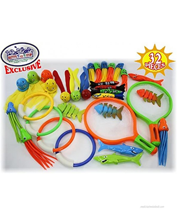 Matty's Toy Stop 32 Piece Ultimate Dive Set for Diving Swimming Pools Featuring Dive Rings Balls Fish Torpedo Shark Octopus Jellyfish Fishing Nets & Bonus Storage Bag