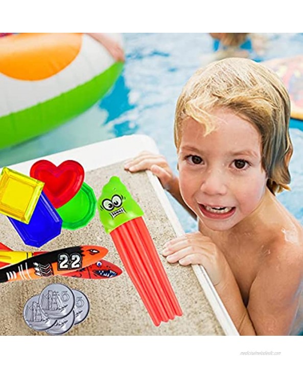 ONG NAMO 27 Pcs Diving Pool Toys Set Underwater Swimming Games with 3 Seaweed 4 Torpedo 3 Stringy Octopus 8 Diving Gems 4 Diving Sticks 5 Coins Collection Diving Training Gifts for Kids