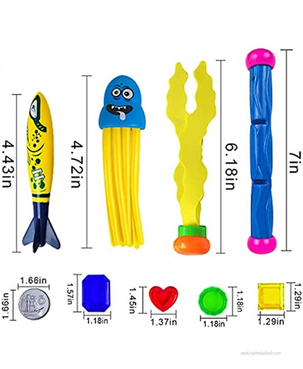 ONG NAMO 27 Pcs Diving Pool Toys Set Underwater Swimming Games with 3 Seaweed 4 Torpedo 3 Stringy Octopus 8 Diving Gems 4 Diving Sticks 5 Coins Collection Diving Training Gifts for Kids