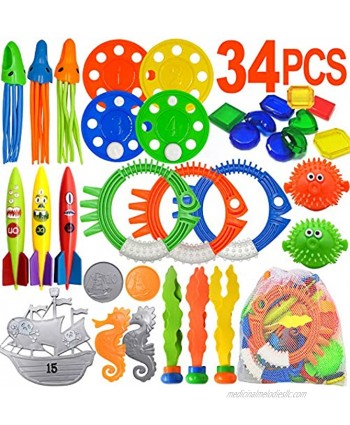 Scientoy Diving Pool Toys 34 PCS Pool Toys for Teens&Adults Underwater Swimming Games with Pool Torpedo Diving Rings Storage Bag Diving Training Gifts for Kids Pool&Summer Party Outdoor Activities