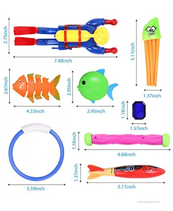 SubClap Pool Diving Toys 29 PCS Swimming Pool Underwater Swim Toy for Kids Teens and Adults Summer Underwater Sinking Dive Toy Sets with Sticks Torpedo Rings Octopus Fishes Treasures & Diver